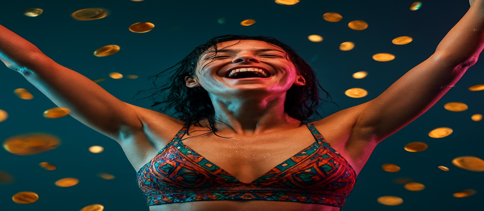 bd89 গেমিং প্ল্যাটফর্মে মুদ্রার ঝড়ে ভিজে যাওয়া একজন নারী, তিনি রঙিন টপ পরিহিত